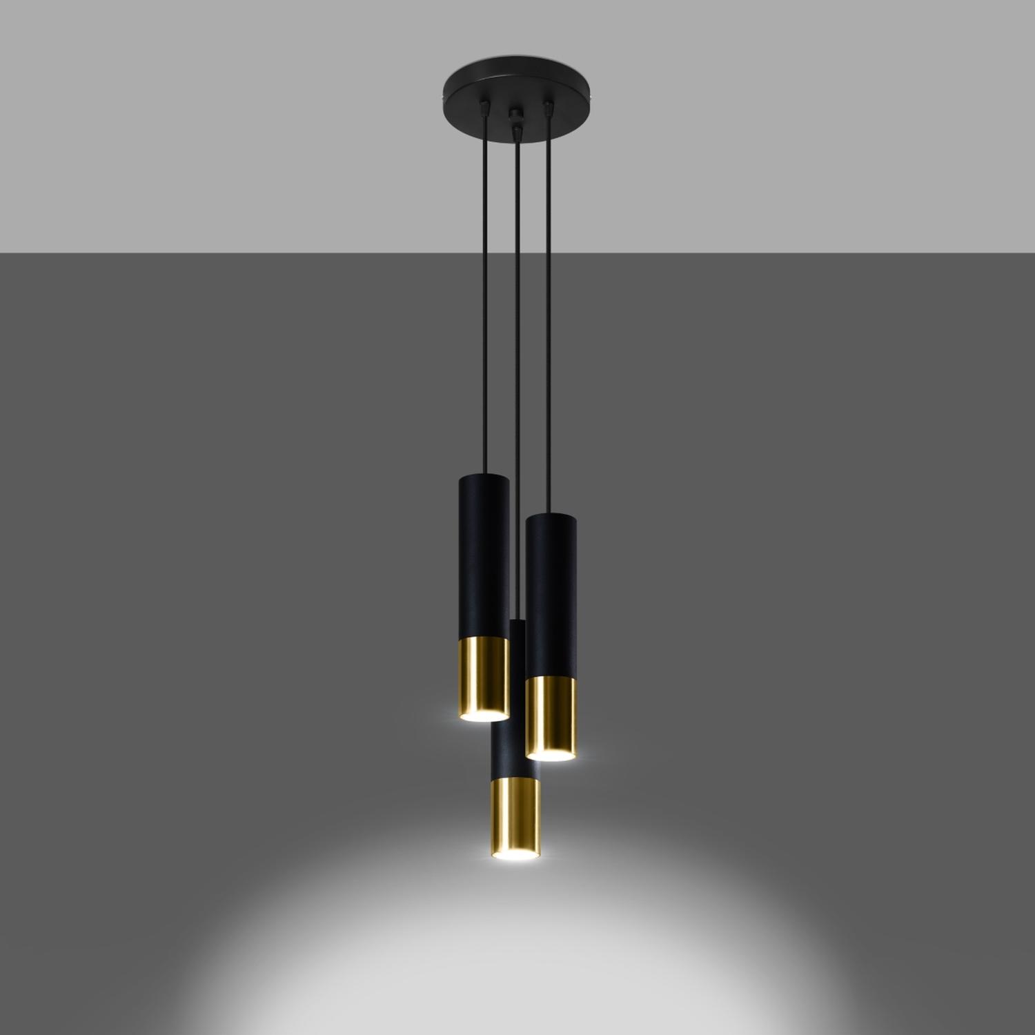 lámpara colgante LOOPEZ 3P en elegante combinación negro y dorado, ideal para crear un ambiente moderno y sofisticado en cualquier espacio. ¡Ilumina tu hogar con estilo!