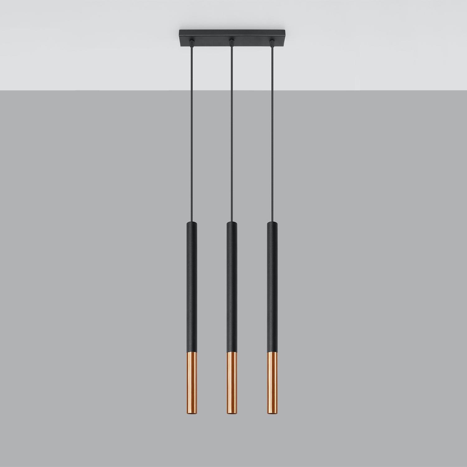 lámpara colgante MOZAICA 3L en elegante negro y sofisticado cobre, perfecta para iluminar y dar un toque moderno a cualquier espacio. Ideal para comedores o salones.