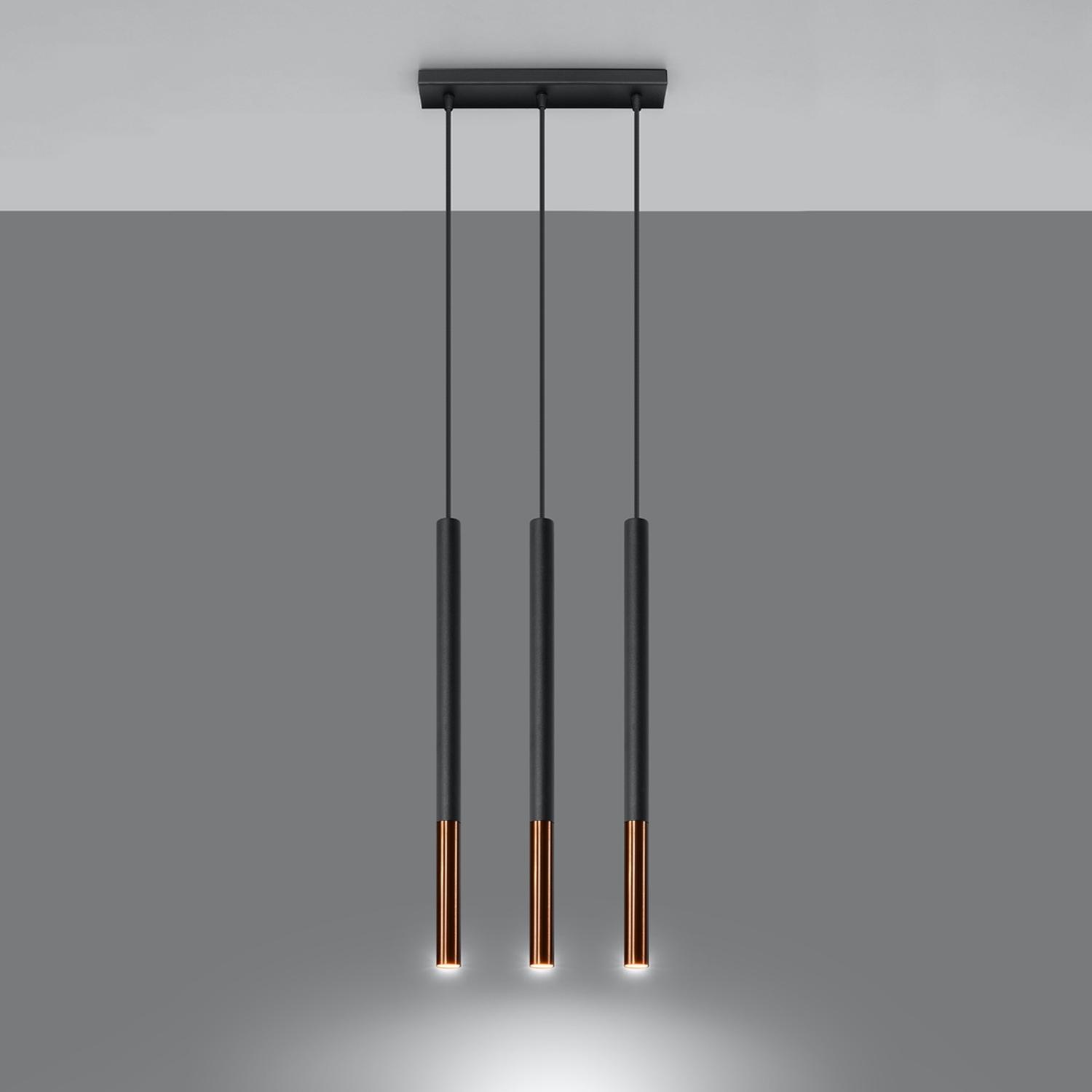 lámpara colgante MOZAICA 3L en elegante negro y sofisticado cobre, perfecta para iluminar y dar un toque moderno a cualquier espacio. Ideal para comedores o salones.