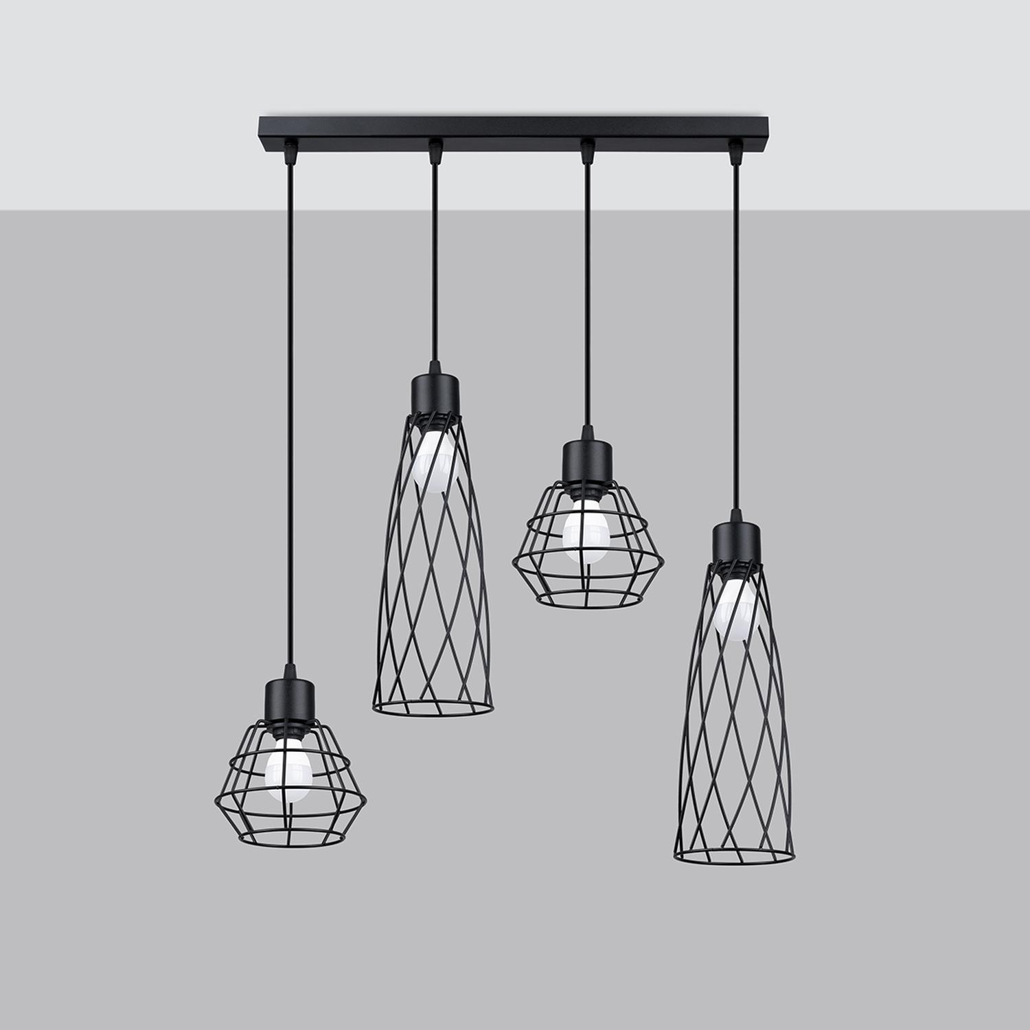 lámpara colgante SUBA 4L negra, ideal para iluminar tus espacios con estilo moderno y elegante. Su diseño contemporáneo se adapta a cualquier ambiente, realzando la decoración.
