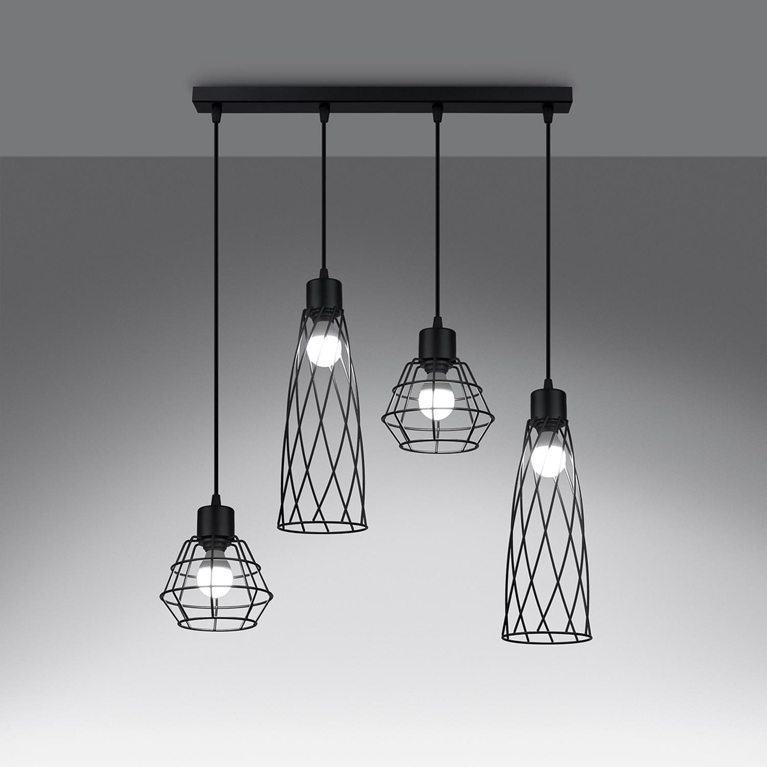 lámpara colgante SUBA 4L negra, ideal para iluminar tus espacios con estilo moderno y elegante. Su diseño contemporáneo se adapta a cualquier ambiente, realzando la decoración.