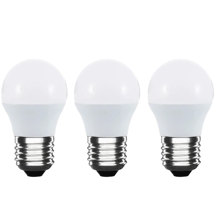 set de 3 bombillas LED esféricas E27 de 5W, con 400 lm de luz cálida (3200K). Ideales para un ambiente acogedor. Dimensiones: Ø4,5x8 cm. ¡Ilumina tu hogar con elegancia!
