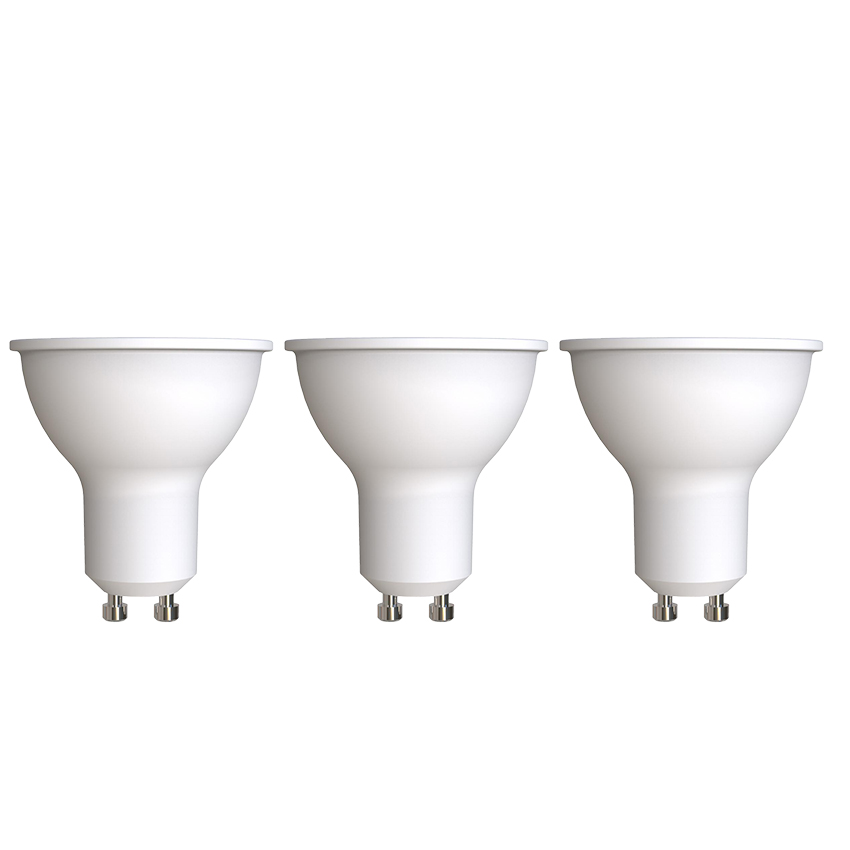 kIT 3 BOMBILLAS DICROICAS LED GU10 5W 450lm 6400K. Disfruta de luz fría y eficiente para iluminar tu espacio. Medidas: Ø5x5,5cm, ideal para un hogar moderno y elegante.