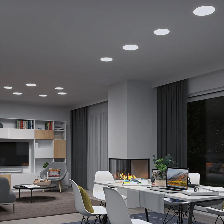 panel LED Circular 25W 6000K, diseño delgado, ahorro energético, iluminación eficiente para oficinas y espacios comerciales.