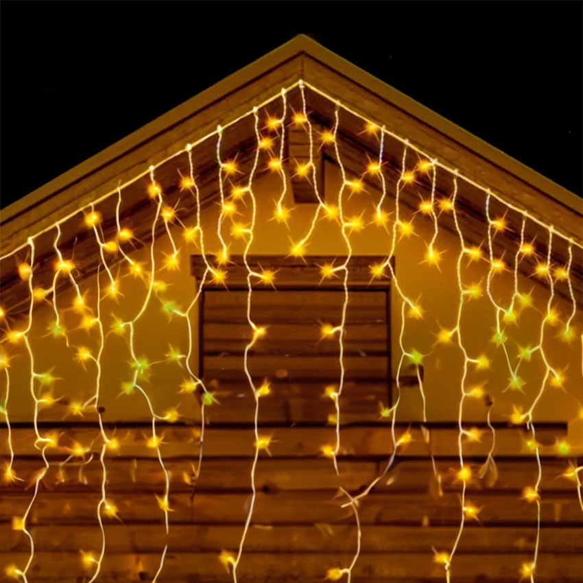 guirnalda de luces planas carámbano, batería 3AA, color blanco cálido, 5m x 0,6m, ideal para decorar fiestas y eventos.