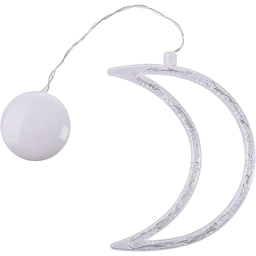 colgante a pilas con ventosa, luz blanca cálida, diseño de luna, ideal para decoración y ambientes relajantes.